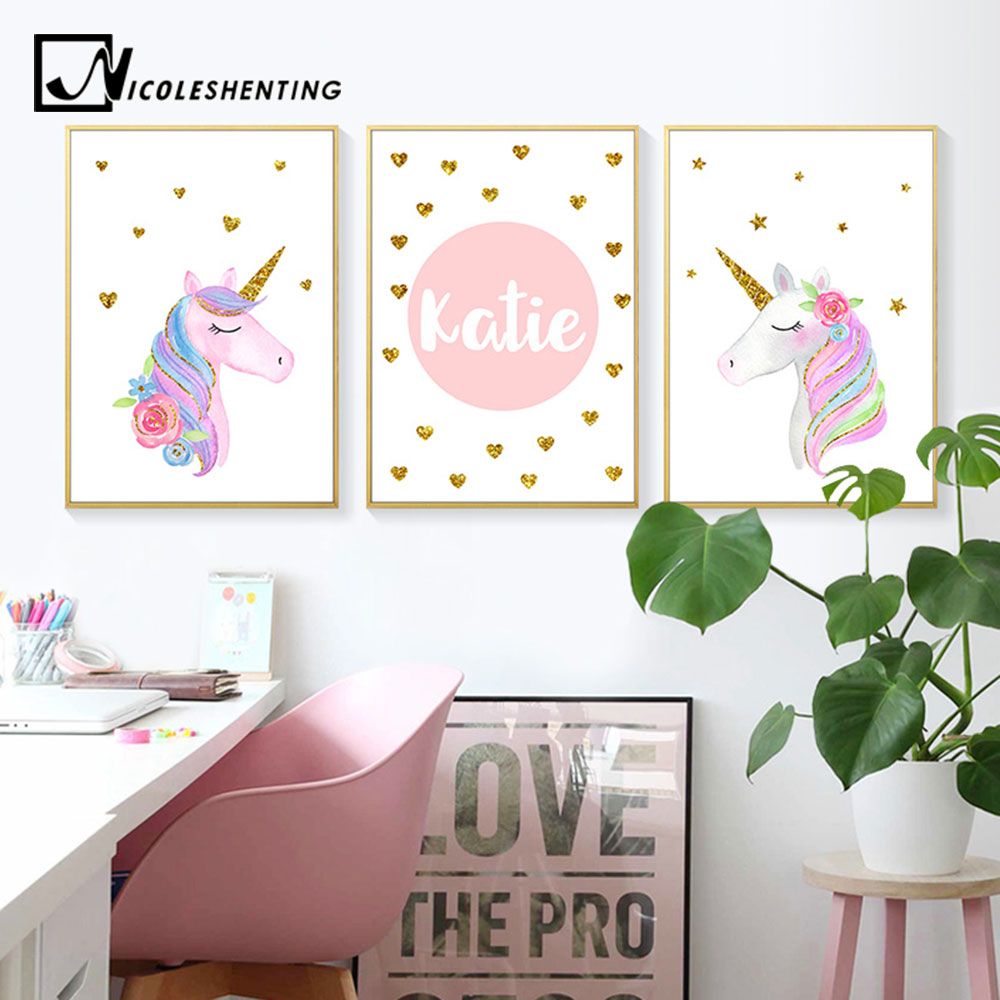 Acheter Personnalisé Nom Imprime Licorne Mur Art Mural Toile Affiches Peinture Nordique Enfants Décoration Photos Chambre Décor Bébé Cadeau De $34.47 Du