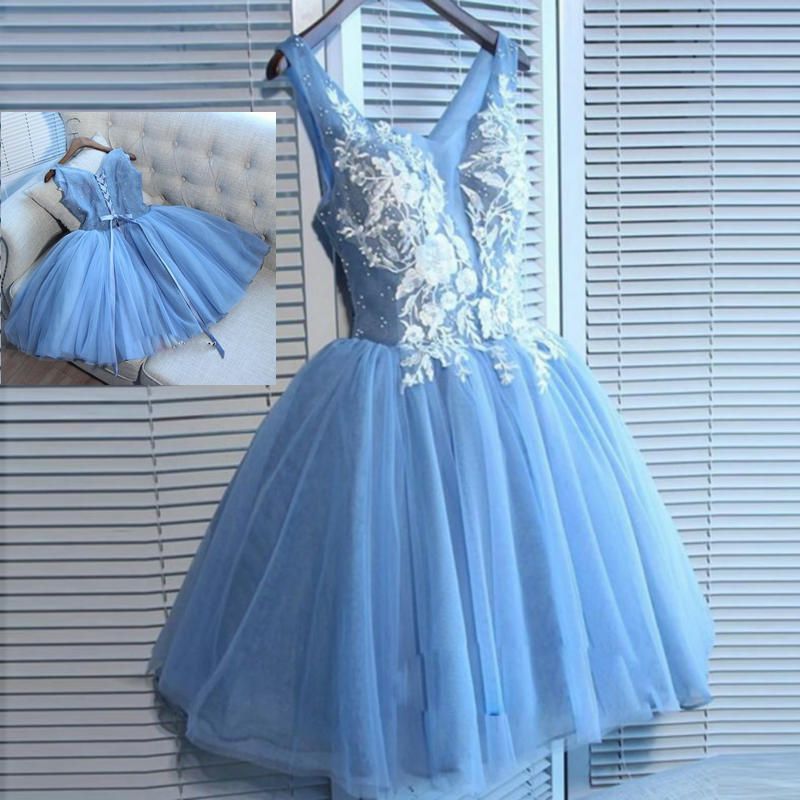 Baby Blue Short Dresses With Appliques Beads V Neck Sleeveless Short Prom Dress A