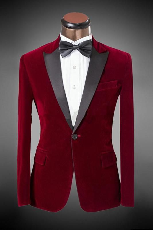 New Arrival Red Velvet Groom Tuxedos Peaked Lapel One Button Groomsmen