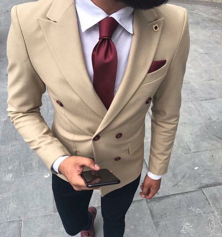 2018 Men Suits Khaki Double Breasted Blazer Custom Wedding
