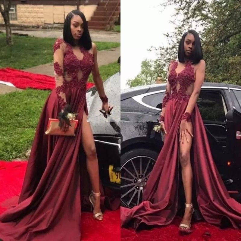 Burgundy Long Sleeves Thigh High Slit Prom Dresses 2018 