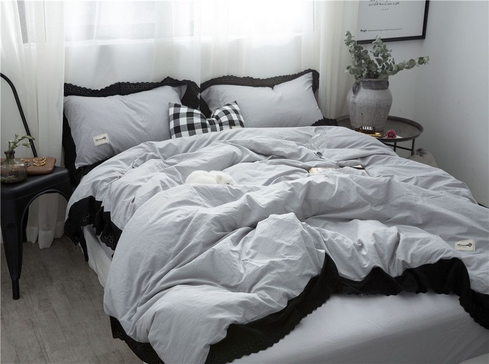 100 Cotton Princess Grey Duvet Cover Set With Delicate Black Lace 100 Cotton Princess Grey Duvet Cover Set With Delicate Black Lace Edge Nordic Style Bedding Sets Linen Comforter From Hogane