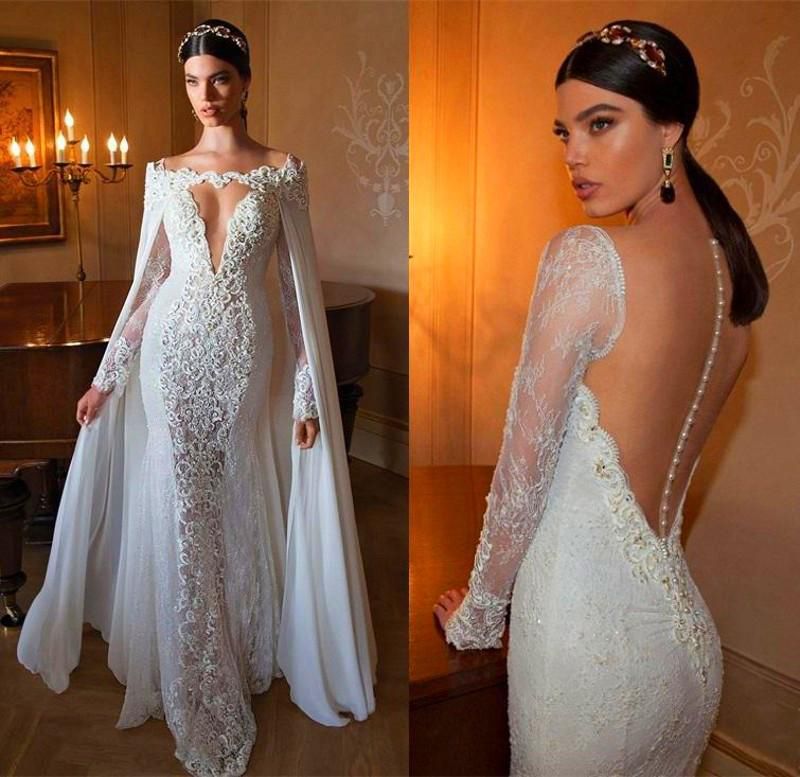 Robes De Mariée 2018 Dentelle Sirène Manches Longues Avec Cape Robe De Mariée Dos Nu