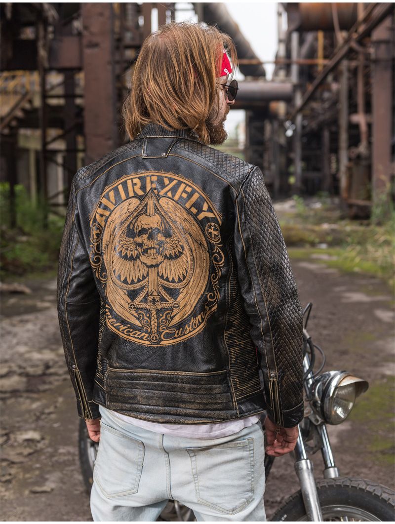 Avirexfly Mens Vintage Leather Jacket Motorcycle Clothing Cowhide Genuine Slim Short Coats Laser Embroidery Cranial Skeleton
