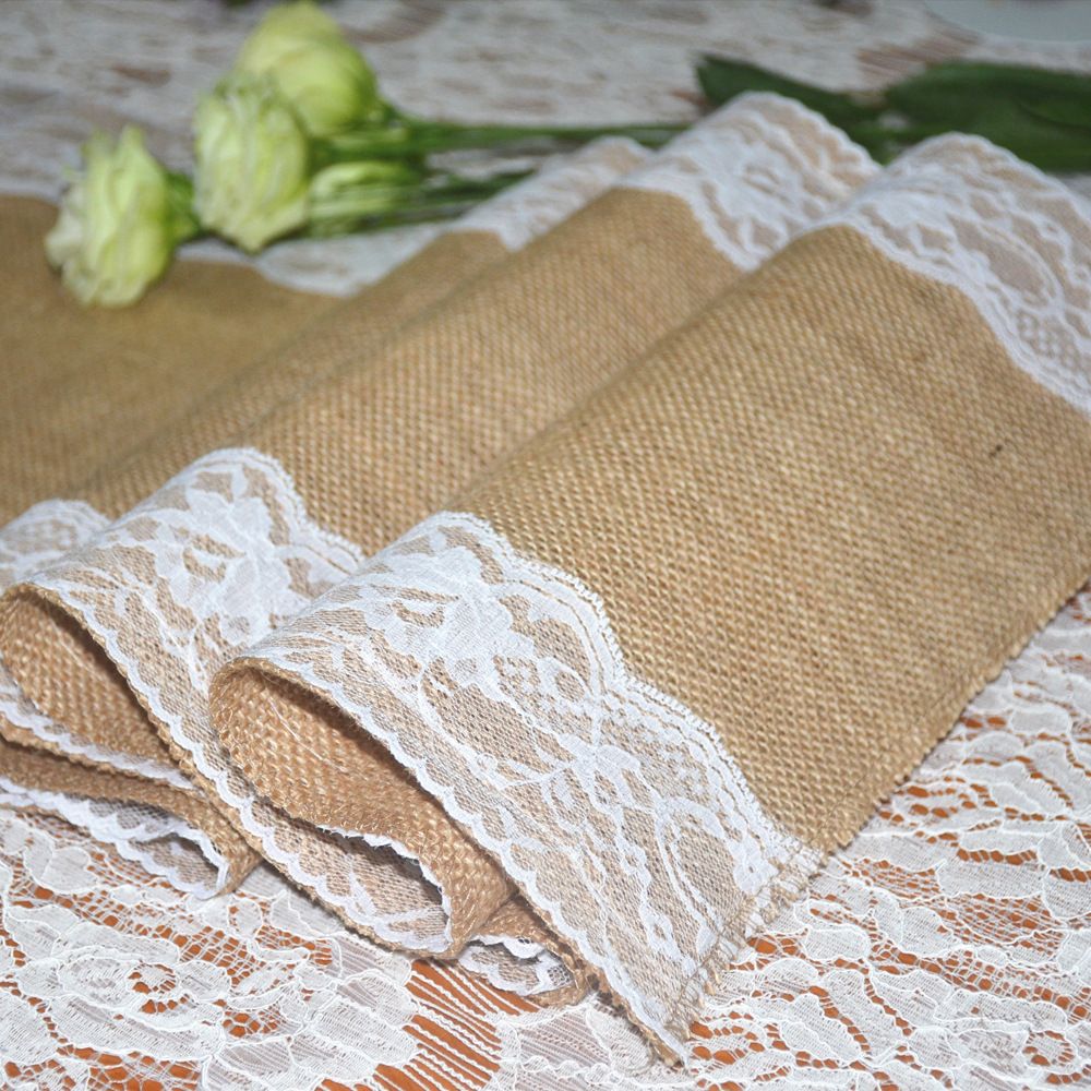 Burlap Hessian With Lace Flag Center Crochet Table Runner Wedding