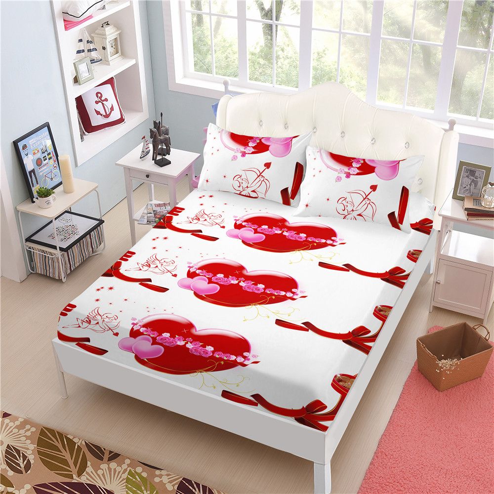 3d red heart flowers print sheets set love wedding mattress cover