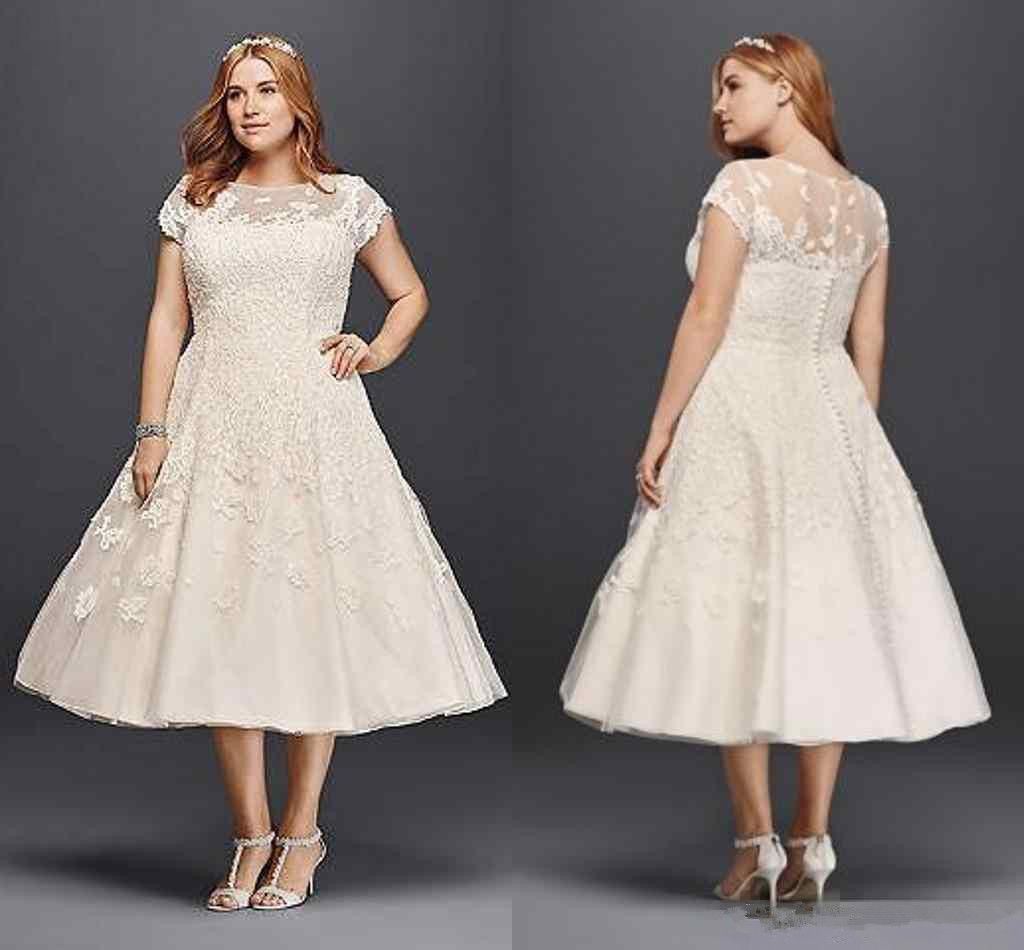 DiscountPlus Size Short Wedding Dresses Sheer Applique Cap Sleeve A ...