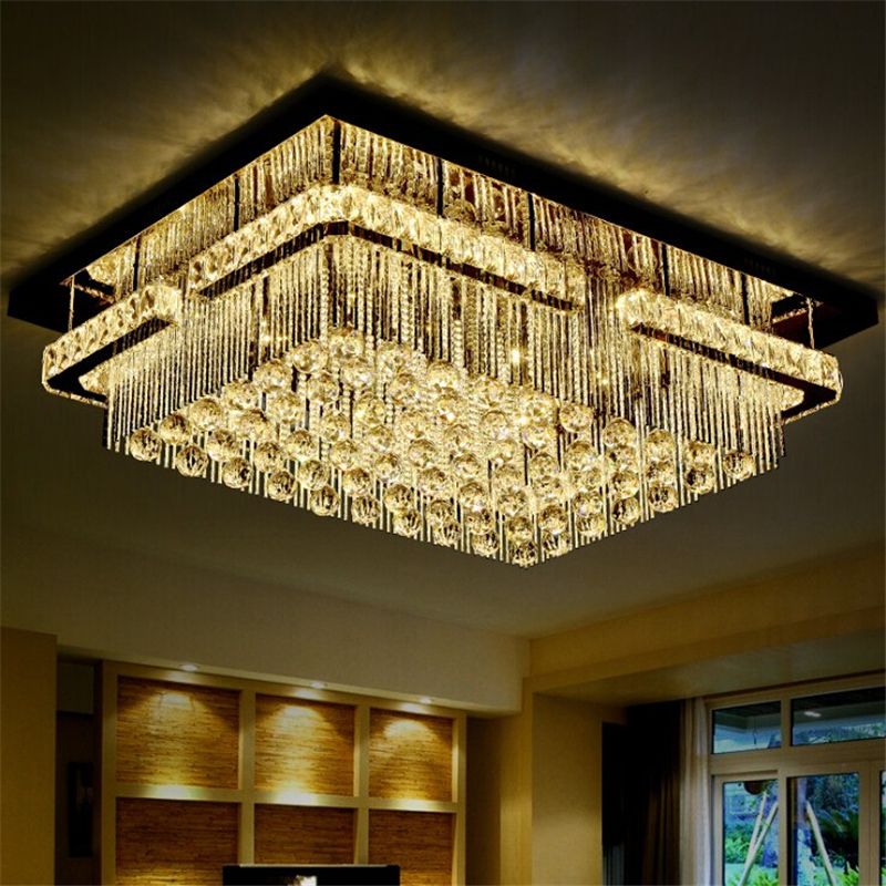 Modern Led Rectangular K9 Crystal Chandelier Ceiling Light Flush Mount Fixture Pendant Lamp For Living Room Hotel Hallway