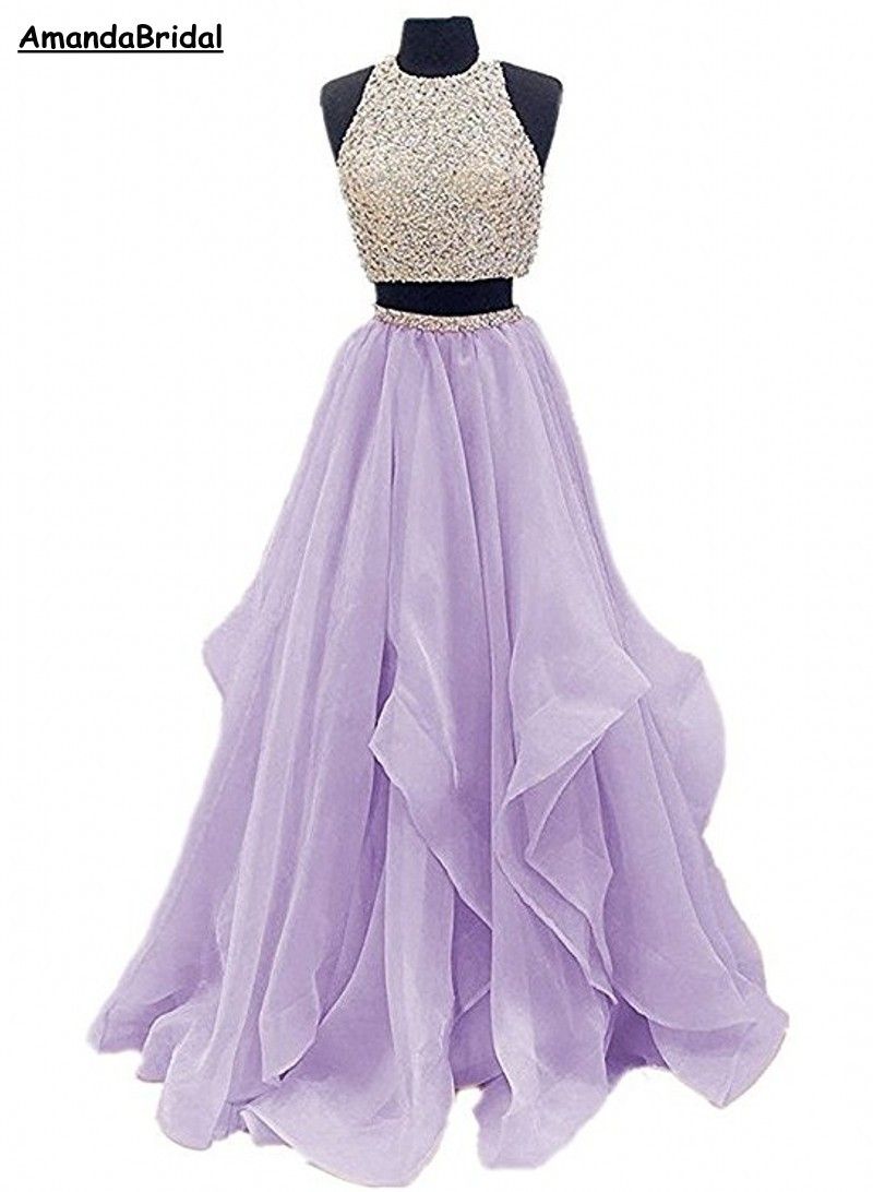 2 piece purple prom dress