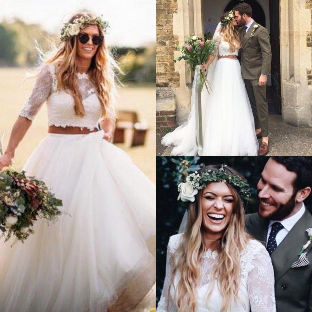 2018 Boho Beach Wedding Dress Two Piece A Line Half Sleeves Lace Crop Top Tulle Floor Length Country Bridal Gowns Vestido De Novia