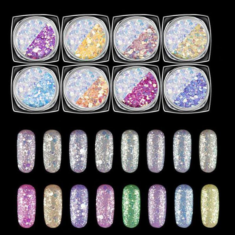 Iridescent Nail Polish 1 8 boxes glitter phosphor sequins mermaid iridescent nail art glitters powder dust for acrylic uv gel polish dmt08 nail gel nail supply from offbeige