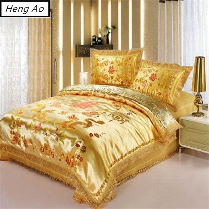 Luxury Gold Satin Duvet Cover Set Dragon And Phoenix Chinese Wedding Luxury Gold Satin Duvet Cover Set Dragon And Phoenix Chinese Wedding Bedding Print Modern Suits Jacquard Bedclothes Fine Grey White