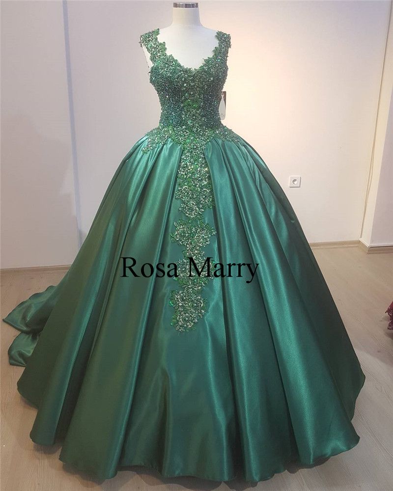 emerald green satin ball gown