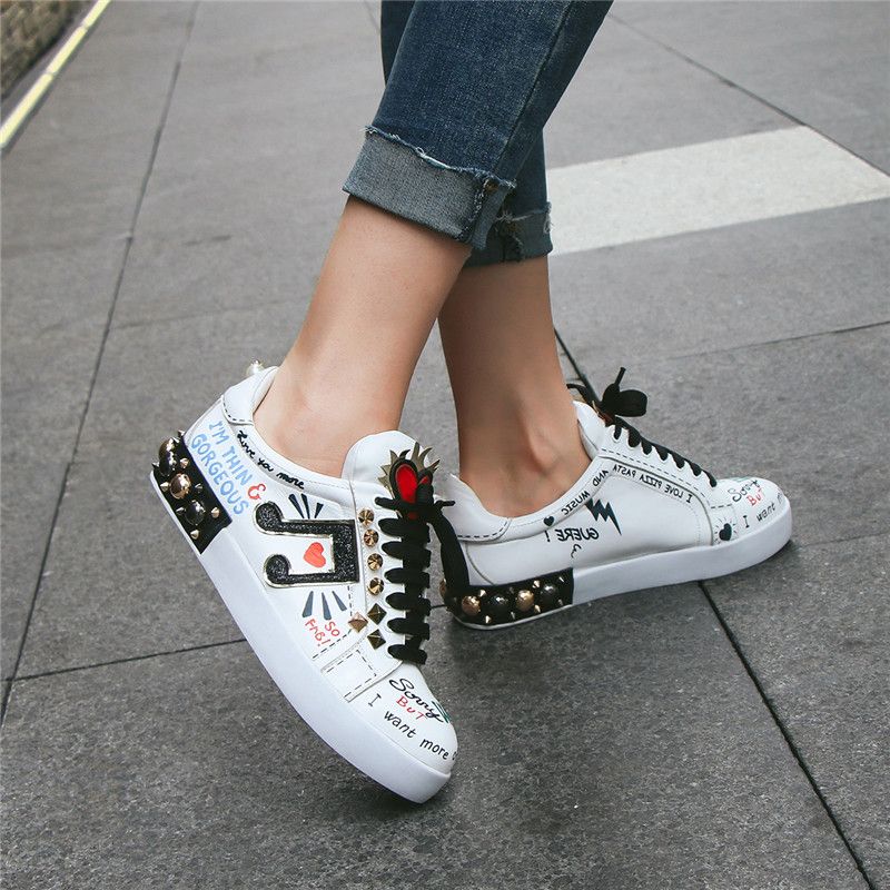 Women Graffiti Spikes Casual Sneakers Flats Runway Female Trainers Sneakers Shoes Genuine ...