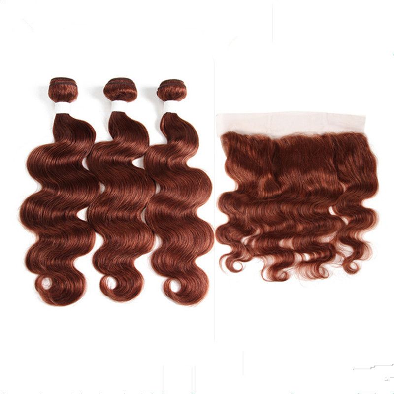 Body Wave #33 Dark Auburn Full Lace Frontal Closure 13x4 with Weaves Wefts Extensions Virgin Brazilian Copper Red Human Hair Bundles