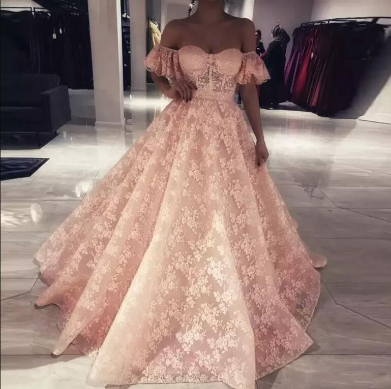 2018 Charming Elegant Full Lace Prom Dresses Short Sleeves Off The