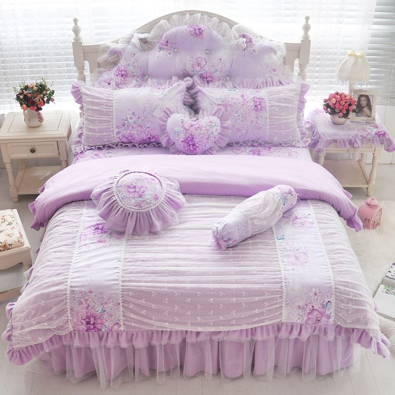 Pink Blue Purple Cotton Lace Bedding Set Twin Full Queen King Size Pink Blue Purple Cotton Lace Bedding Set Twin Full Queen King Size Girls Children Double Single Bed Skirt Duvet Cover Gift