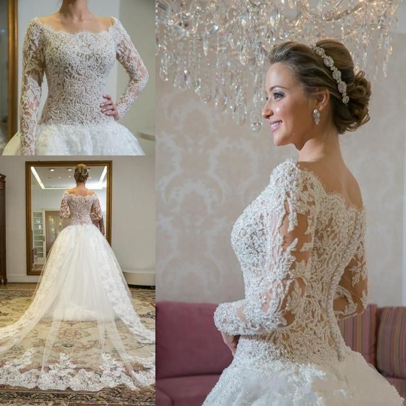 Gorgeous Beaded Long Sleeves Wedding Dresses Lace Appliques Tulle Long ...