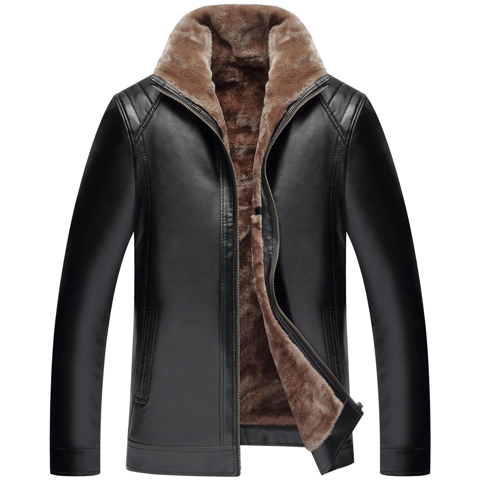 New Mens Pu Leather Fur Lined Collar Winter Jacket Man Casual Sheep ...