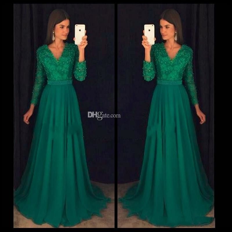 green evening gown long sleeve