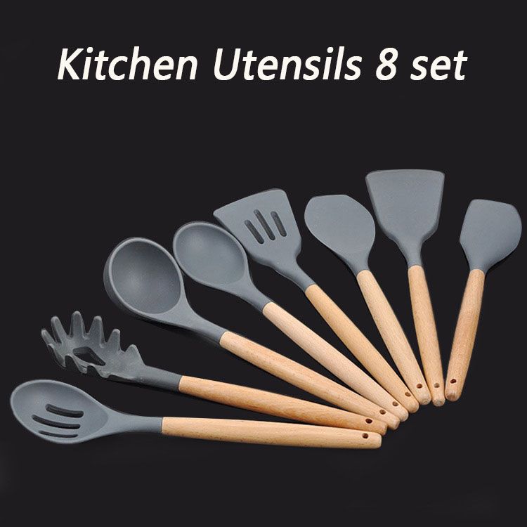 Kitchen Utensils Cooking Utensil Silicone Set Spatula Spoon Kitchen Utensils Cooking Utensil Silicone Set Spatula Spoon Sets Nonstick Wood Handle Baking Tools Gadgets White Cookware