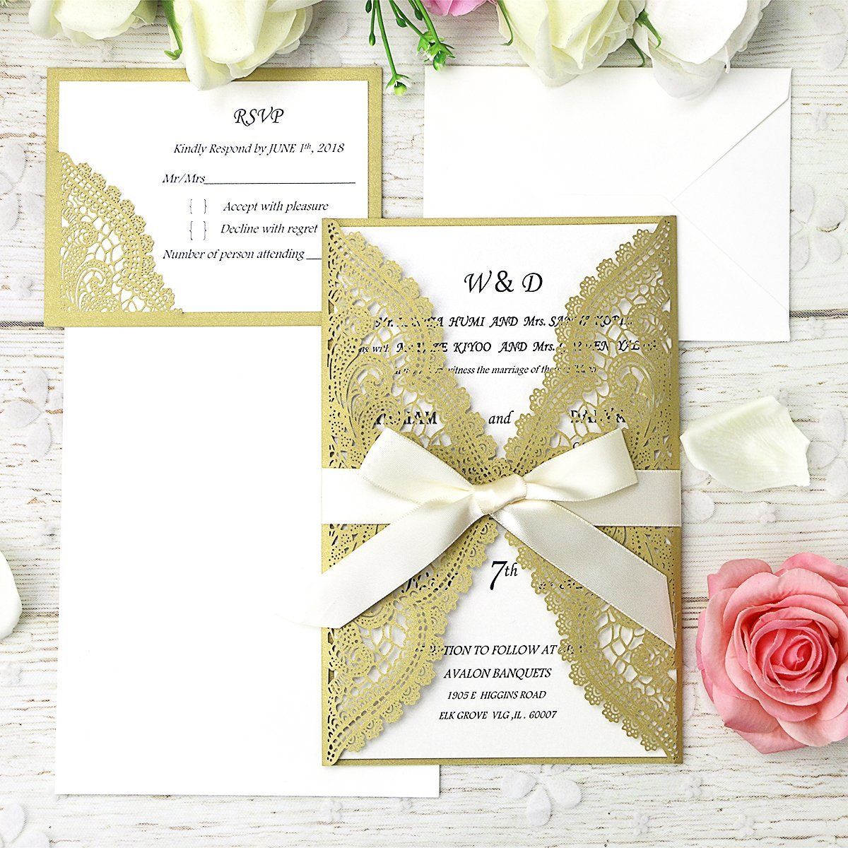 dark gold laser cut wedding invitation cards kits with ribbons