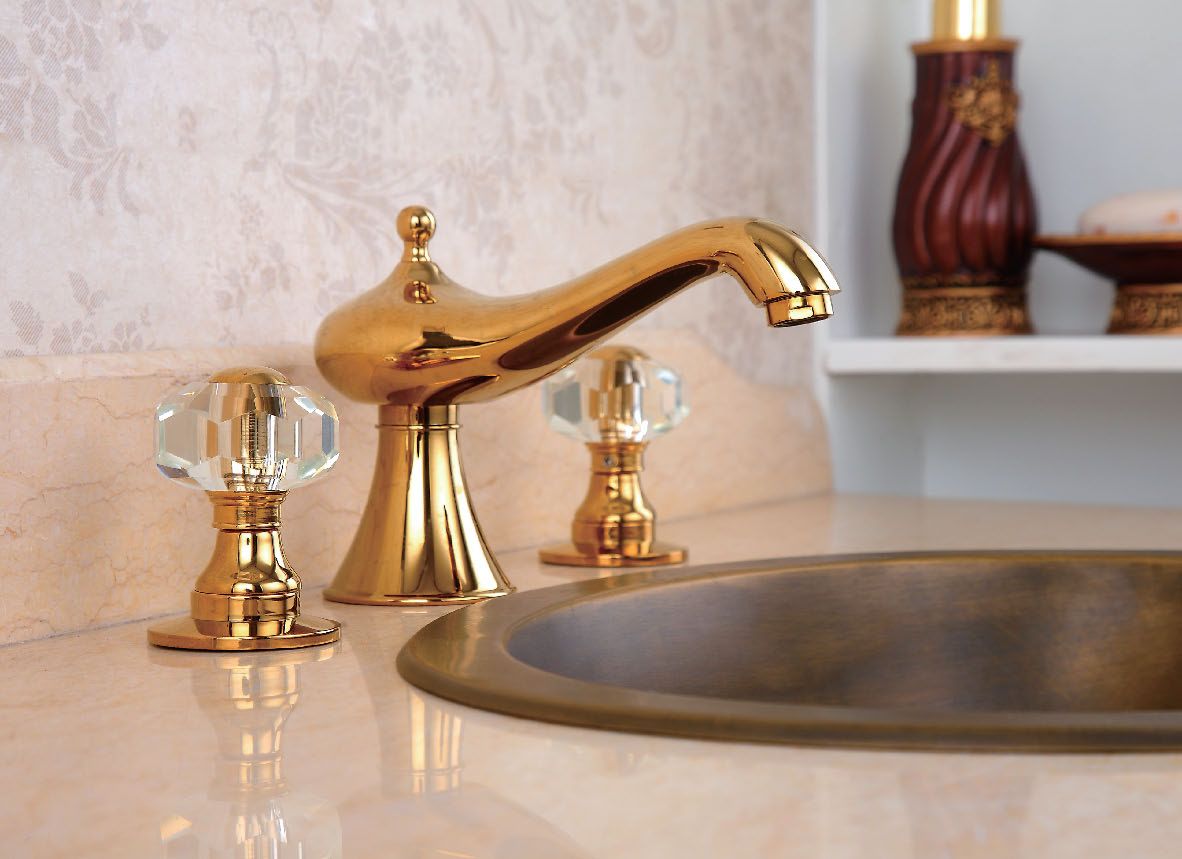 Bathroom 3 Pcs widespread Lavatory Sink faucet Crystal handle Mixer tap Gold Pvd