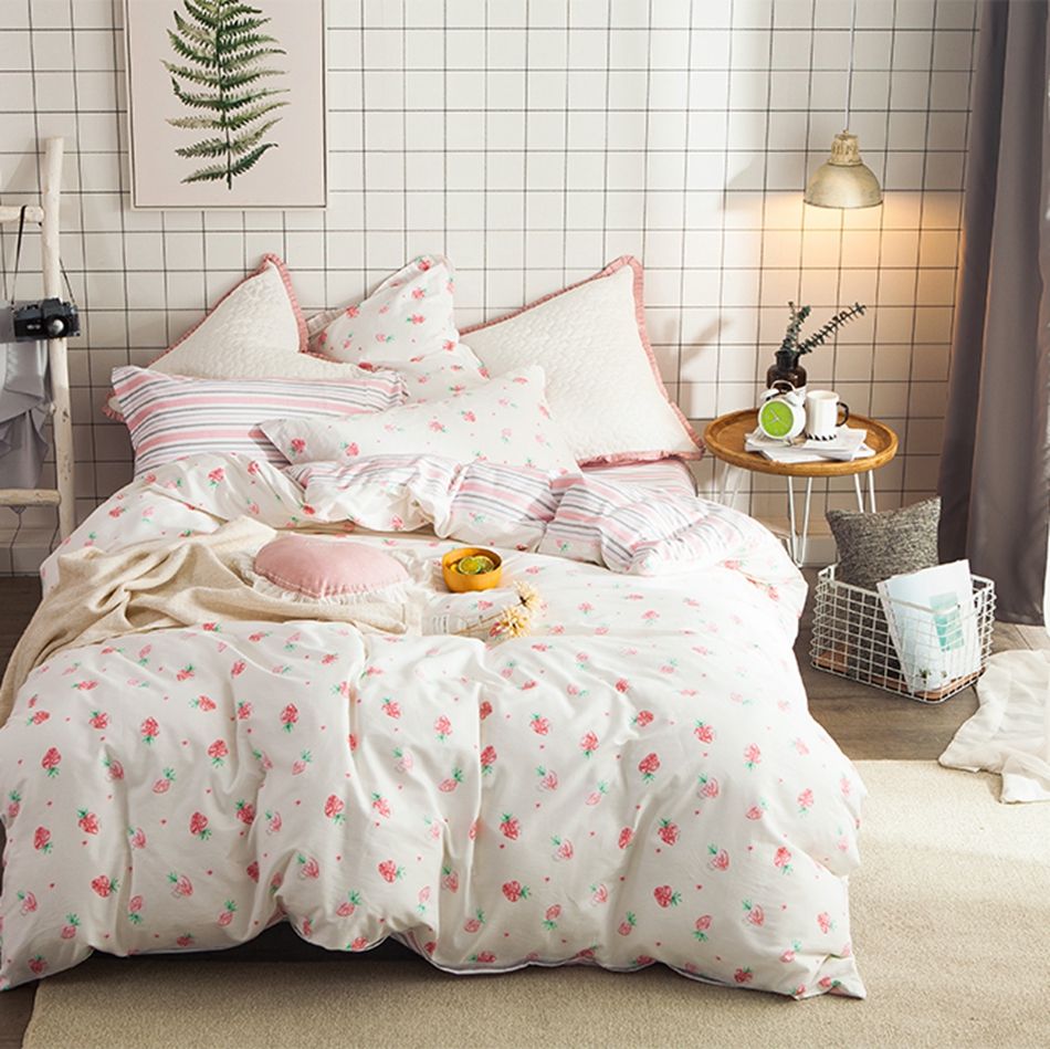 Cute Strawberry Duvet Cover Set 100 Sweet Stripes Bed Sheet Cute Strawberry Duvet Cover Set 100 Sweet Stripes Bed Sheet Pillow Case Queen Size Linens For Girls Bedding Comforter Sets