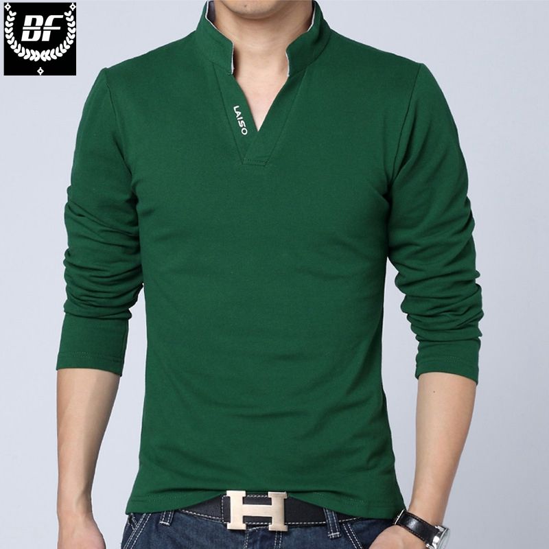 BF Men Solid Cotton T Shirt Long Sleeve Muscle Slim Fit V Neck T Shirts ...