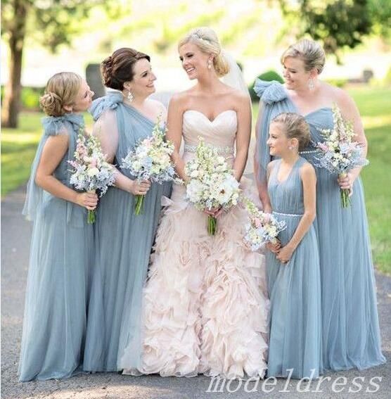 One Shoulder Dusty  Blue  Bridesmaid Dresses  Floor Length 