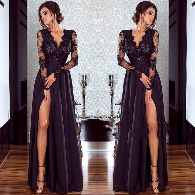 black thigh split evening dress