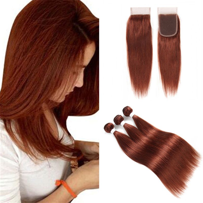 Color 33 Dark Auburn Human Hair Lace Closure With Bundles Silky