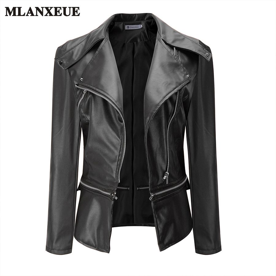 Whole 2018 New Spring Autumn Leather Jacket Women Fashion Long Sleeve Zipper Brown Faux Coats Las Motorcycle Biker