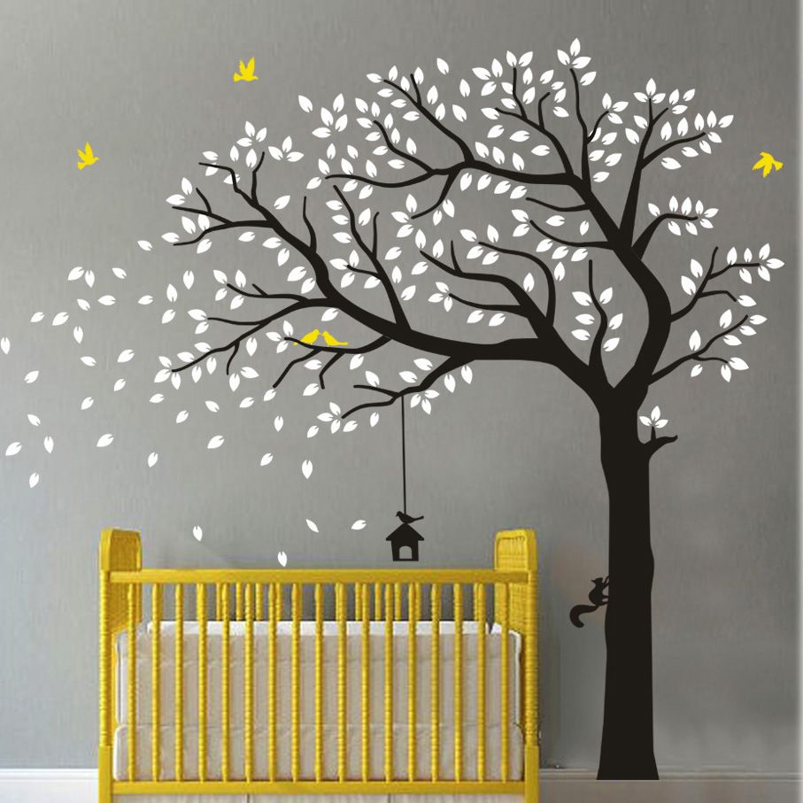 220 185cm Tree And Birds Wall Murals Diy Decorative Stickers Pvc Landscape Hand Painting For Living Room Kids Home Decor