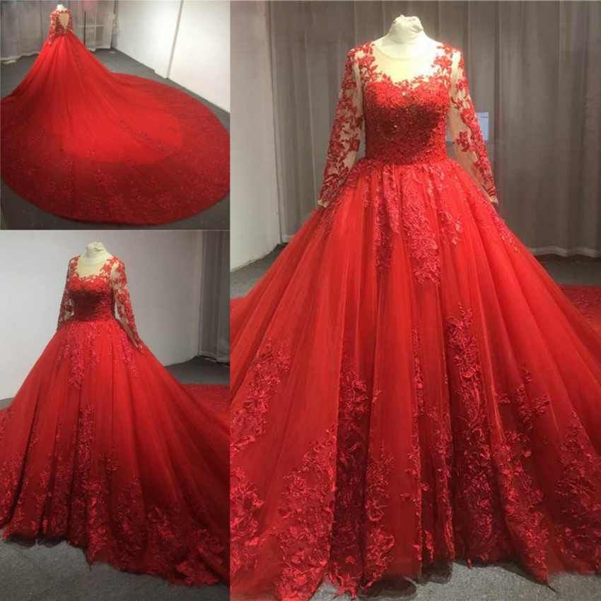 Red Vintage Luxurious Red Wedding Dresses Appliques Beading Long ...