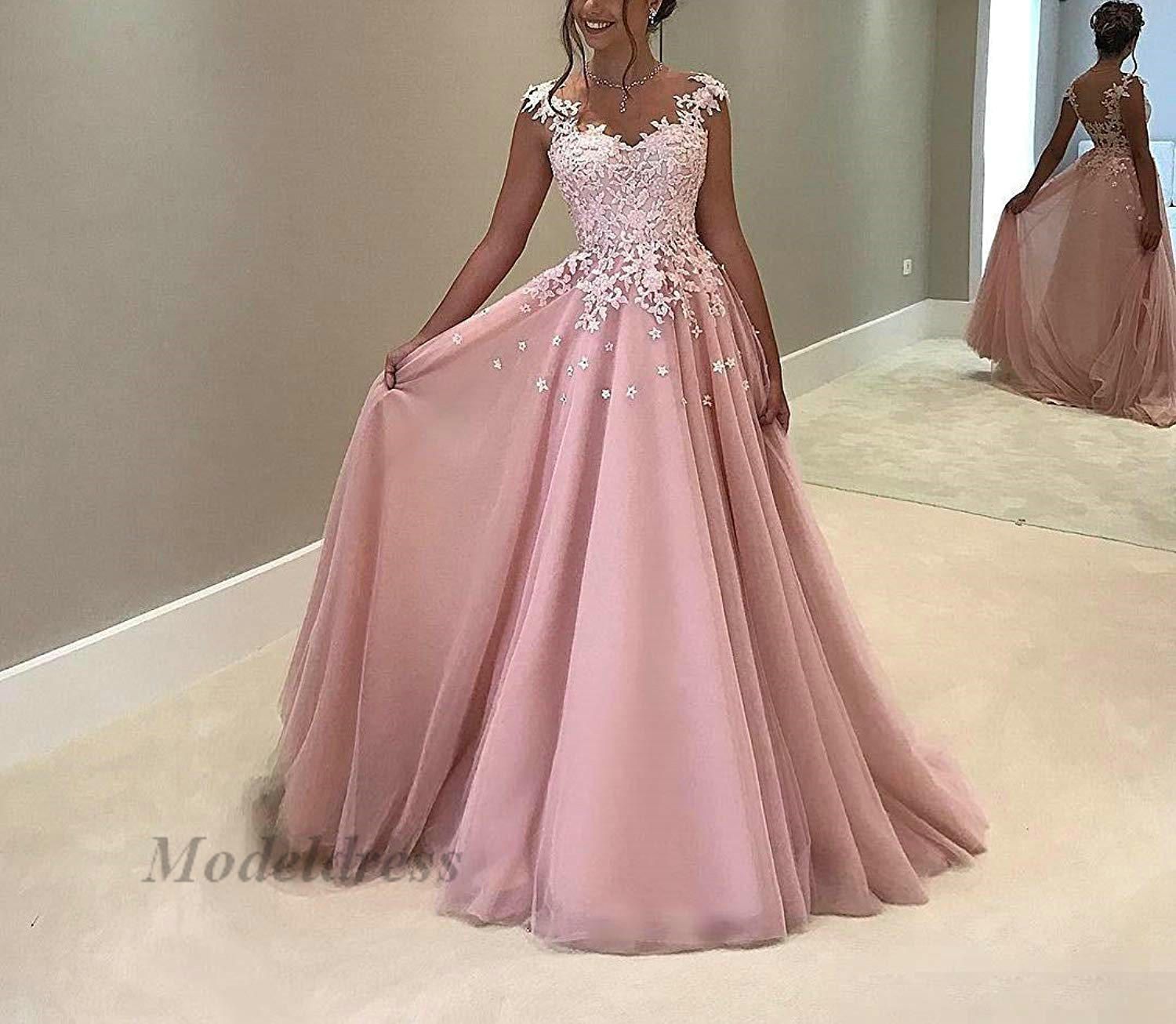 Dusty Rose Pink Prom Dresses 2018 Long Lace Appliques A Line Chiffon V