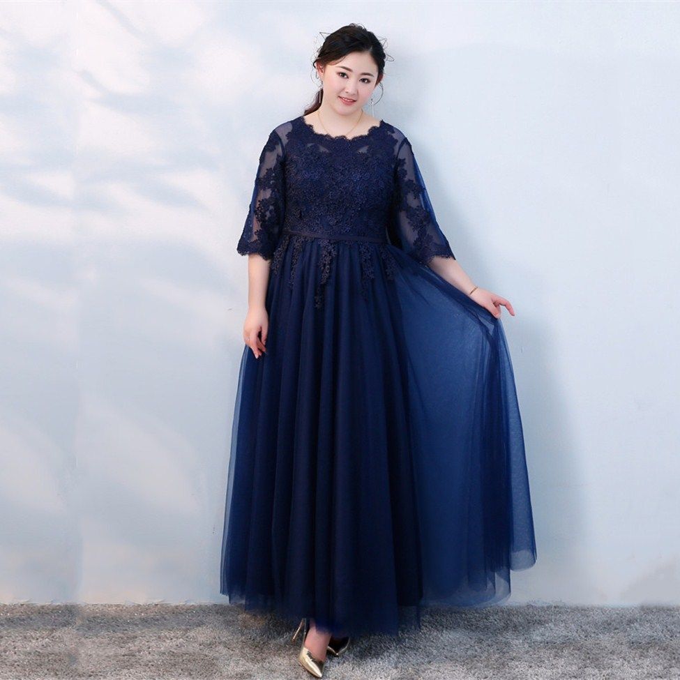  Plus  Size  Prom  Dresses  Navy Blue  Half Sleeve Long Evening 