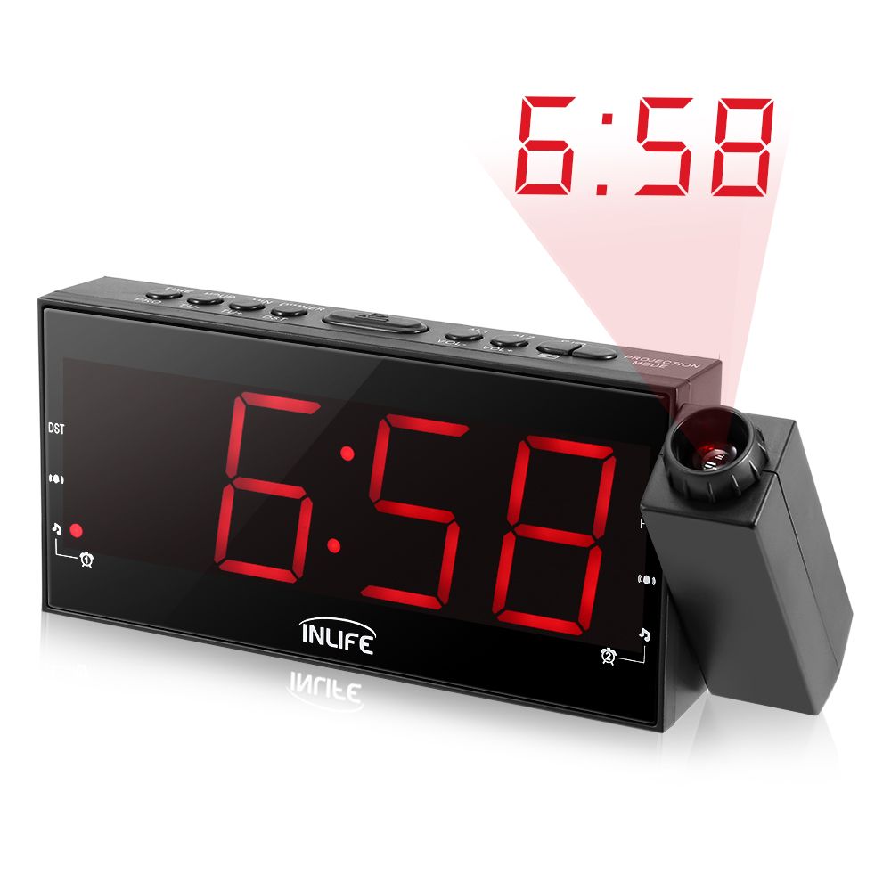 Inlife Digital Dimmable Projection Alarm Clock Fm Radio 1 8in Ultra Large Led Display Usb Port 180degree Swivel Table Wall