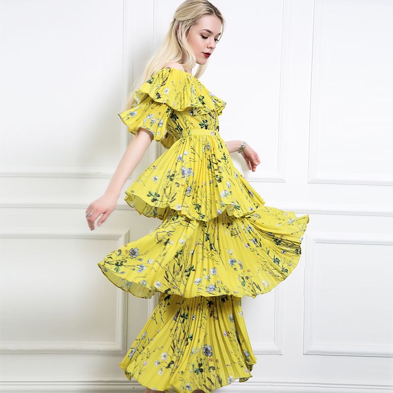 Summer Yellow Boho Dress 2019 Floral Print Pleated Women Chiffon Dress Off Shoulder Ruffle Short Sleeve Bohemian Long Dress