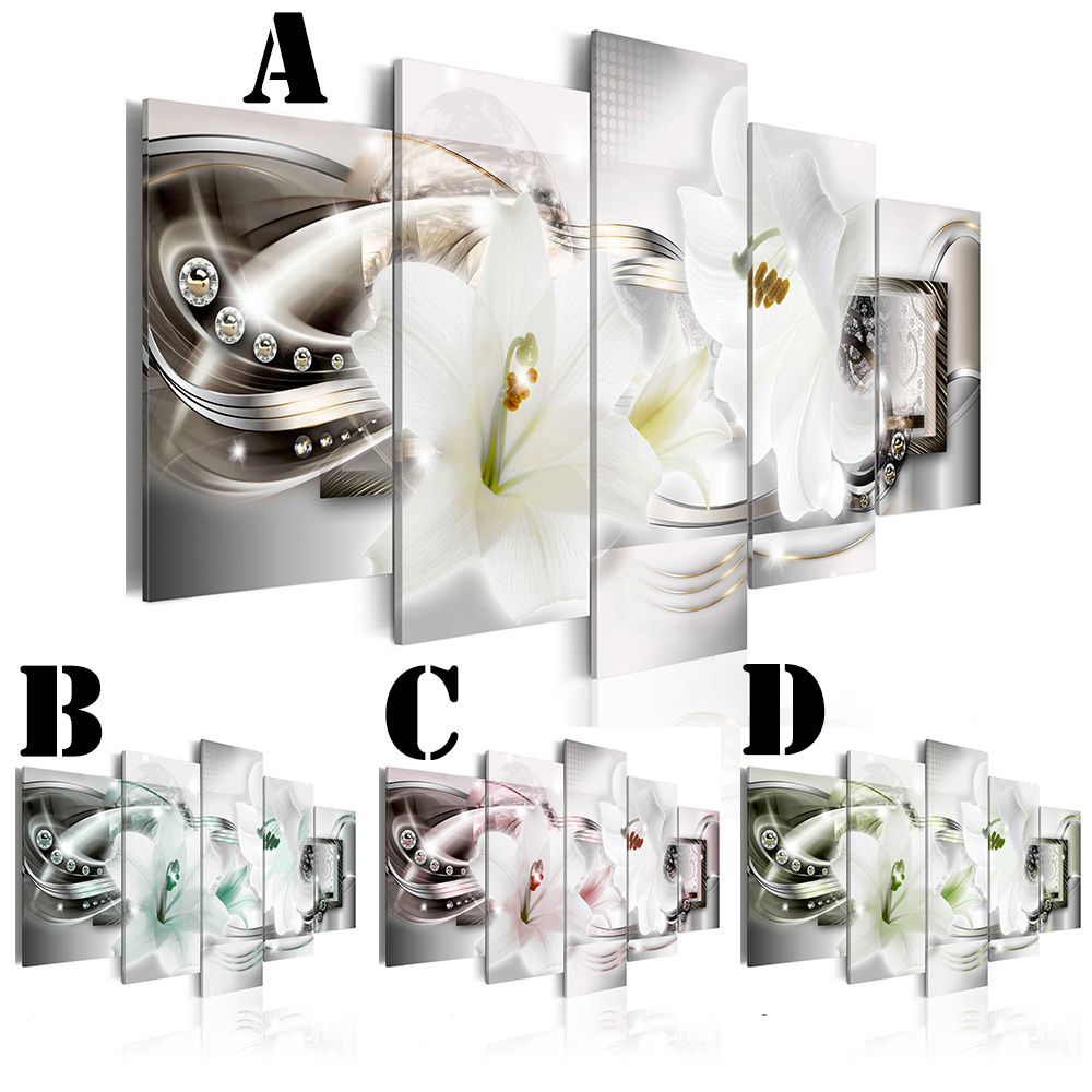 Wall Art Picture Printed Oil Painting On Canvas No Frame 5pcs Set Home Decor Extra Mirror Border Lily Flower And Abstract Linellae