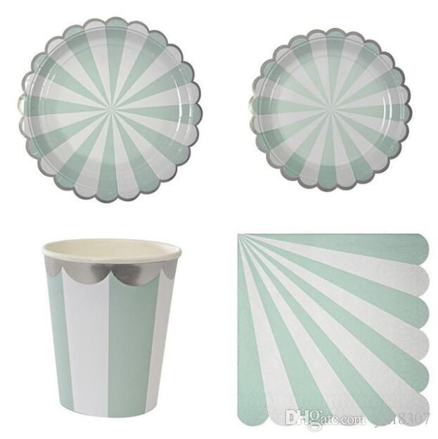 wholesale gold blocking mint green striped disposable tableware set