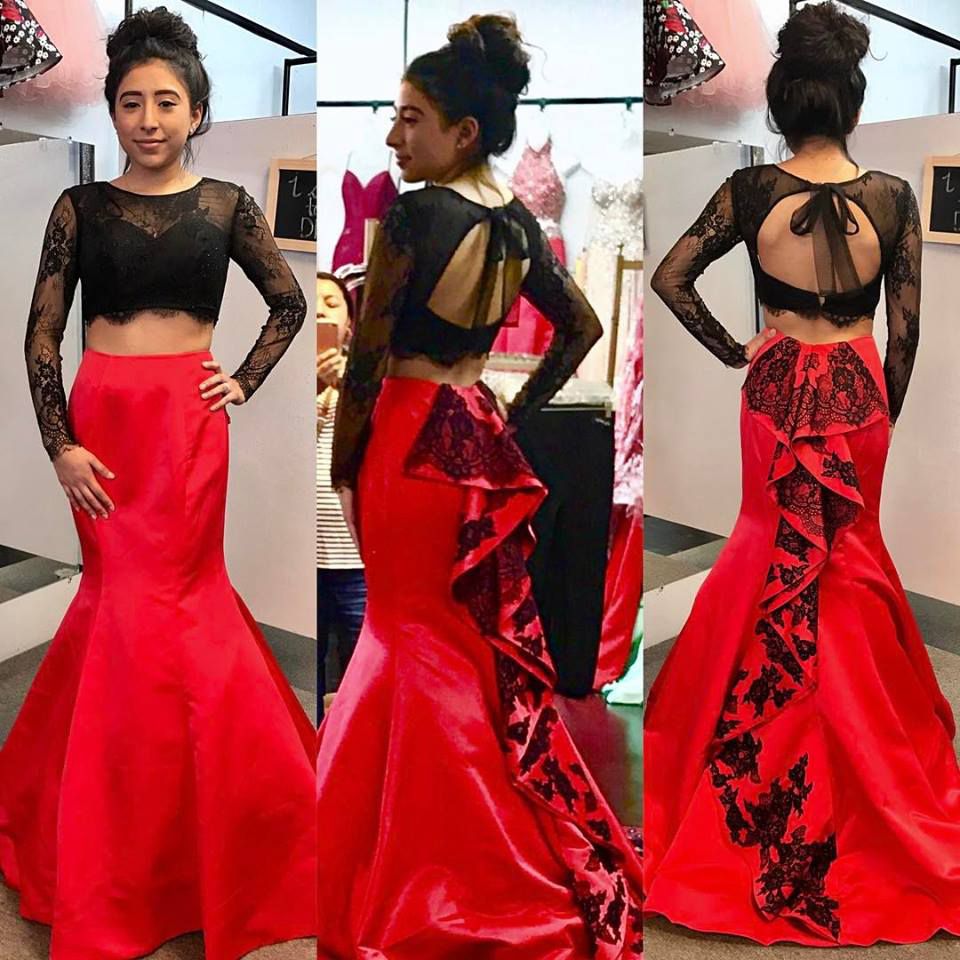 red long sleeve two piece prom dress