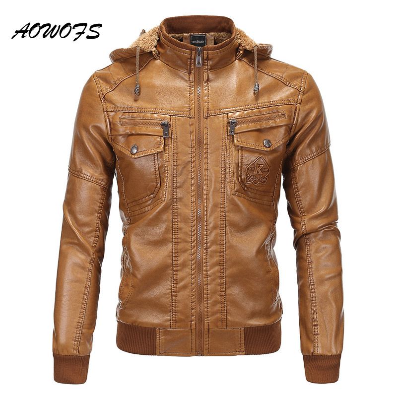 Whole Aowofs Hooded Leather Er Jacket Men Winter Warm Faux Whole Aowofs Hooded Leather Er Jacket Men Winter Warm Faux Sheepskin Jackets Mens Quilted Brown Biker Coat Canada 2018 From