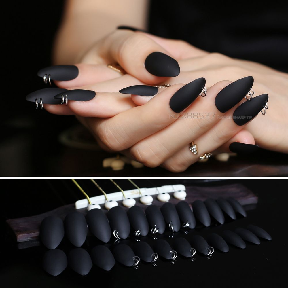 New Matte False Nails Stiletto Full Nail Tips Black Punk 3D DIY Fake ...