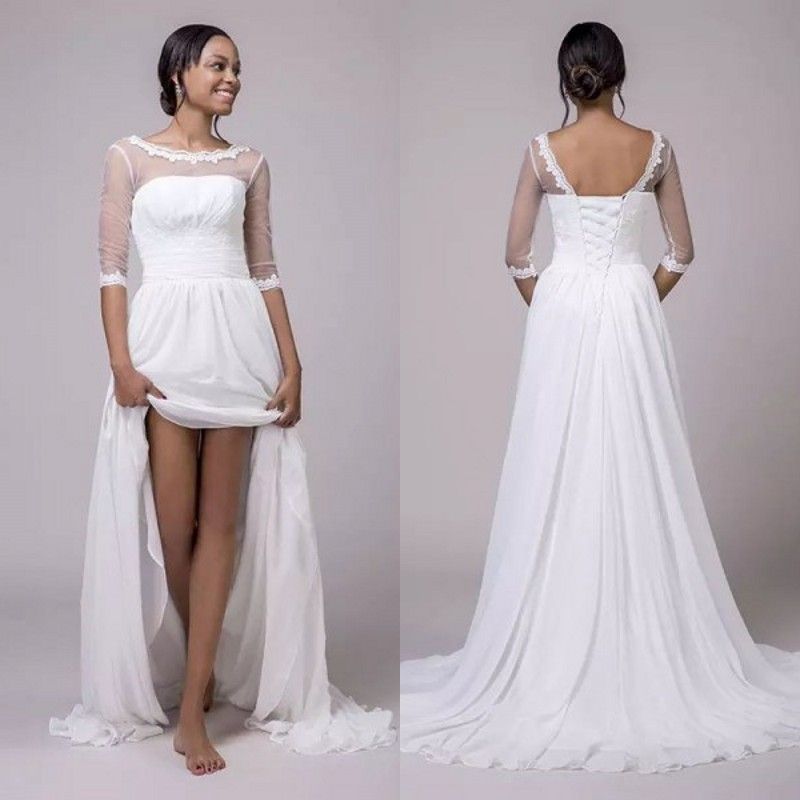 Discount Elegant Beach Wedding Dresses Sheer Neck Half Length