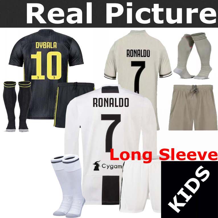 Top 18 19 Juventus Jersey Ronaldo 2018 Dybala Home Away Third Girl Kids Long Sleeve Child Youth Mandzukic Buffon Pjanic Football Uniform