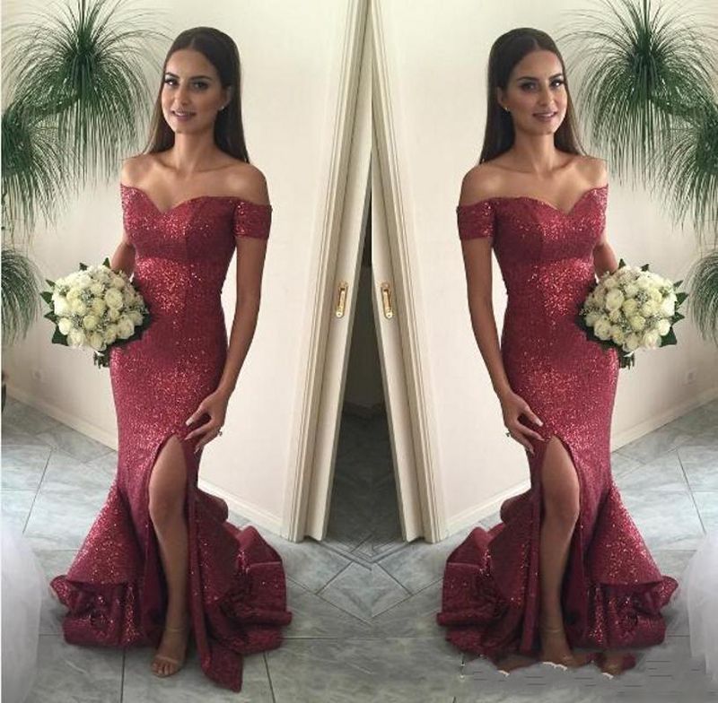 off the shoulder fishtail prom dress