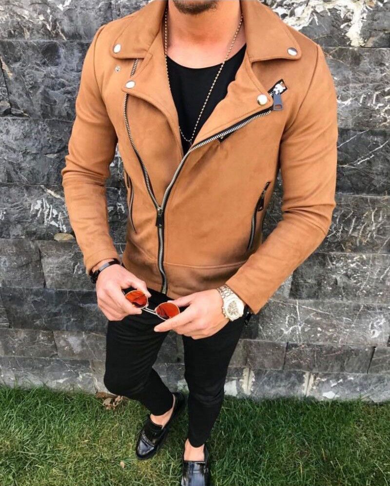 Zipper Style Men Fashion Jackets Long Sleeve Coat Warm Suede Leather Blend Biker Jacket Outwear Clothes