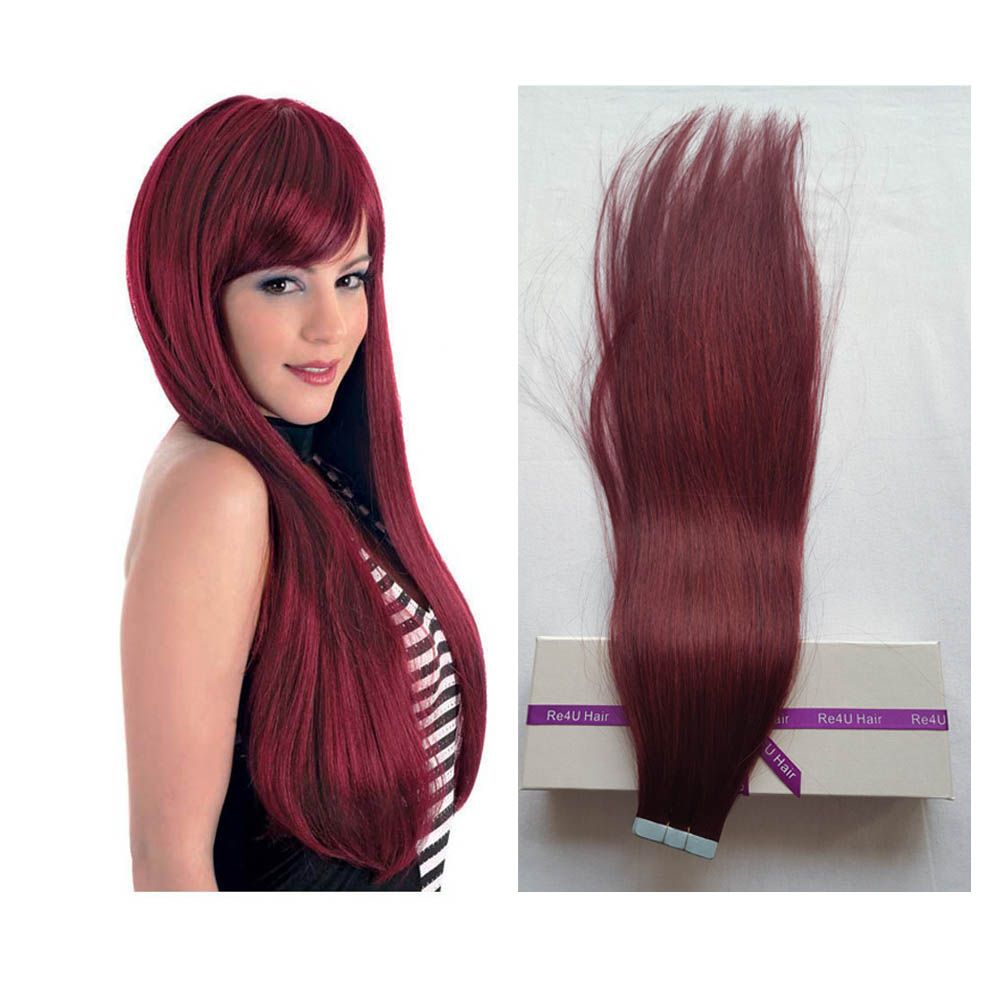 Tape In Human Hair Extensions ShowJarlly Wine Red Burgundy Tape On Remy