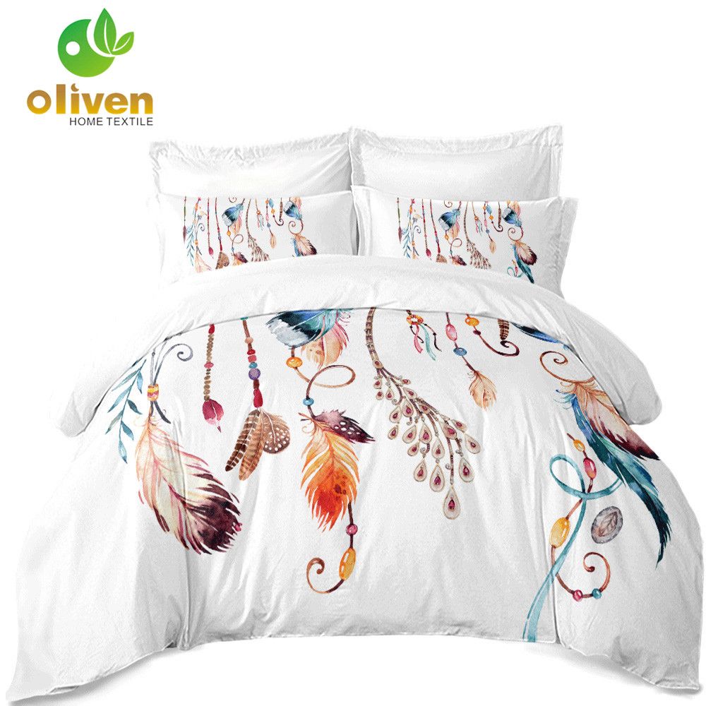 100 Polyester Bedding Set Colorful Dreamcatcher Duvet Cover Feather Print Twin Full King Queen Bed Pillowcase 3pcs D35